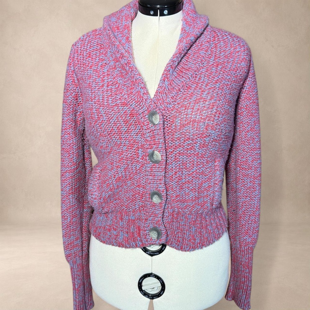 Chunky Knit Cardigan American Eagle Wool Rabbit Hair Blend Red Blue M